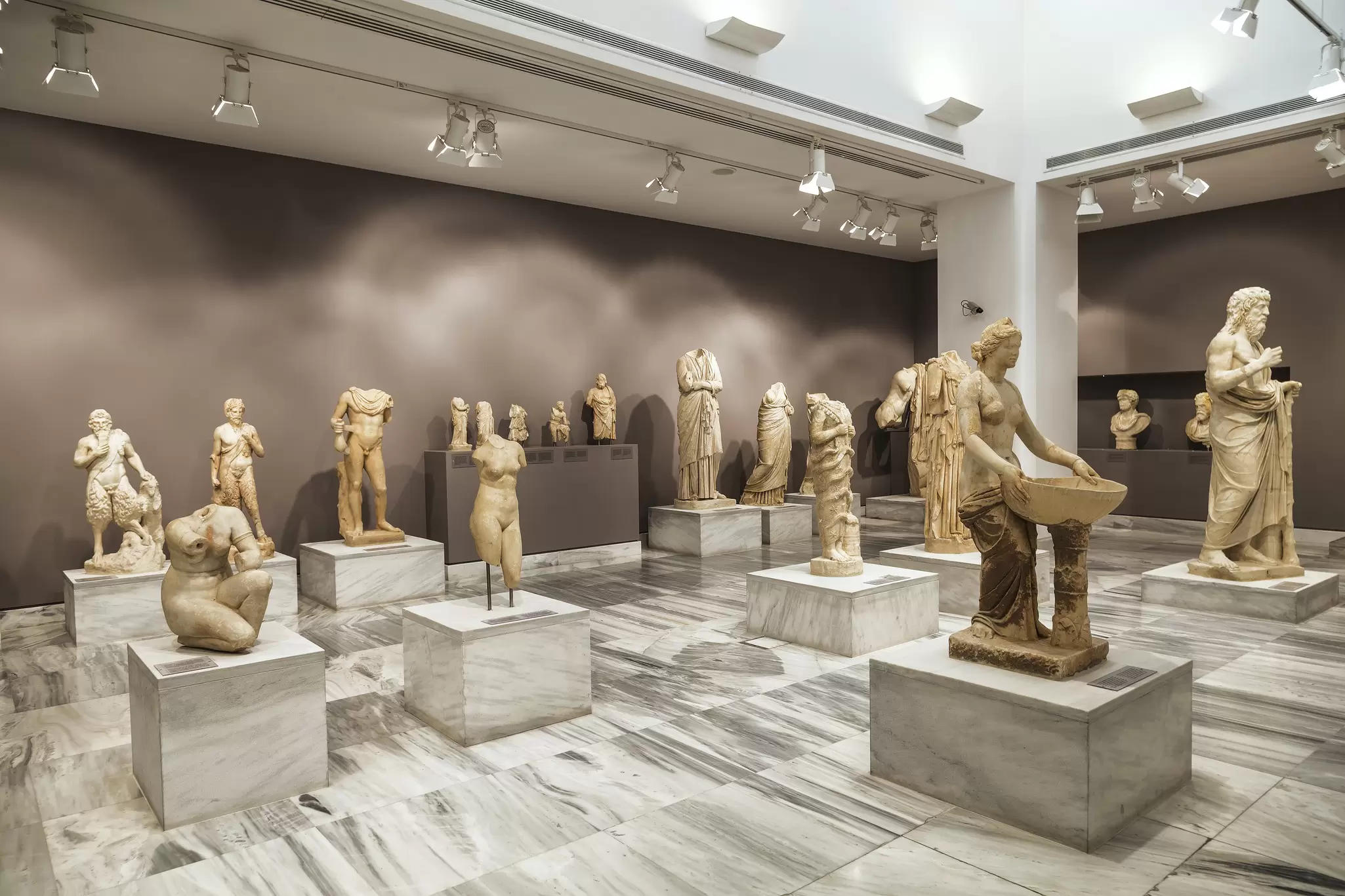 View of sculptures of the classical and Greco-Roman periods in the Heraklion Archaeological Museum.