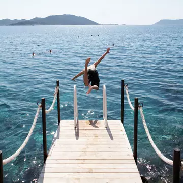 Boy diving off jetty.