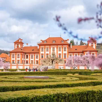 Prague, Czech Republic. Troja palace in spring with blooming sakura in Prague, Czech Republic.