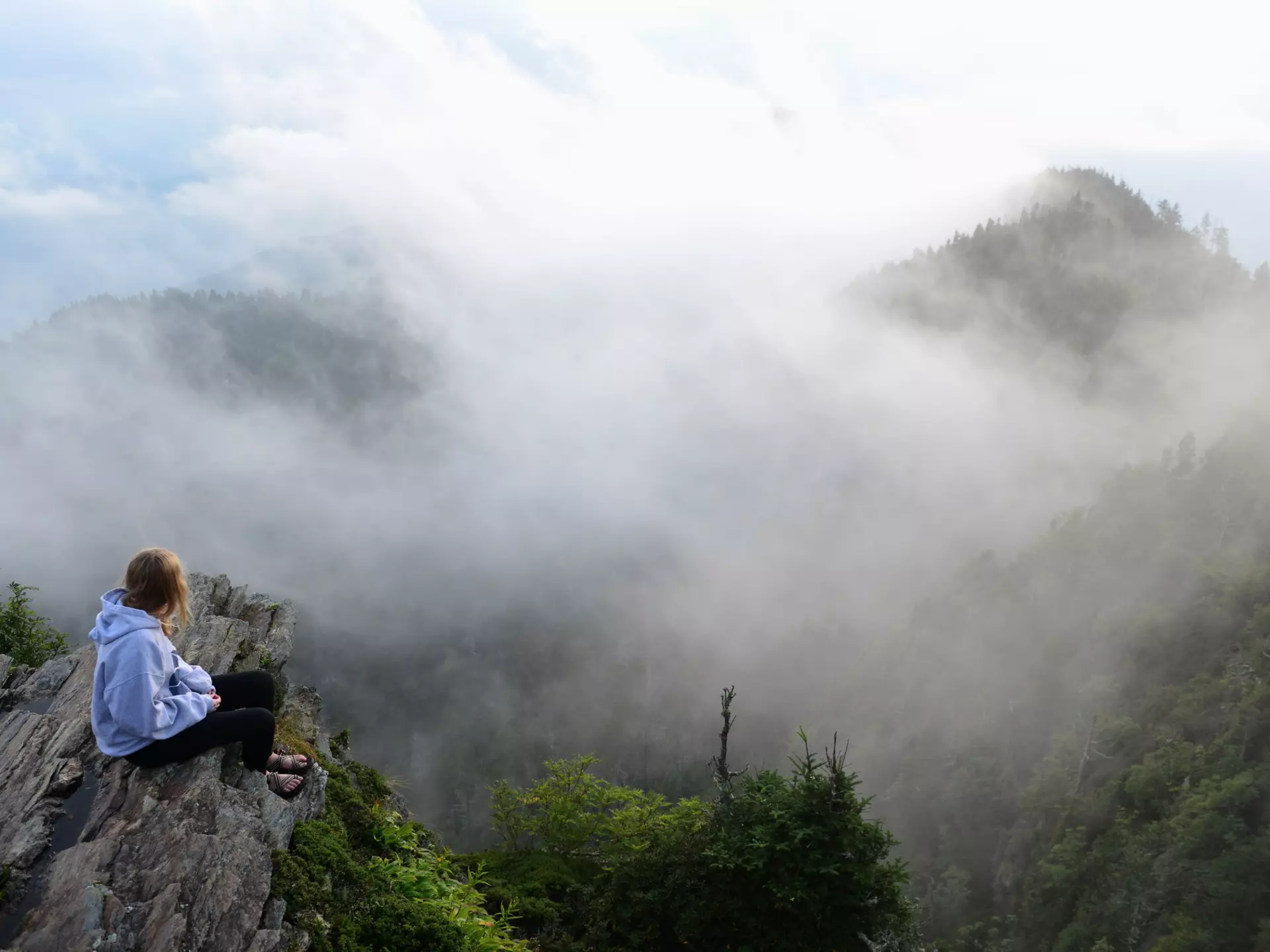 TitleTeenage girl sitting alone in misty Smoky Mountains National Park. © Joel Carillet/Getty Images