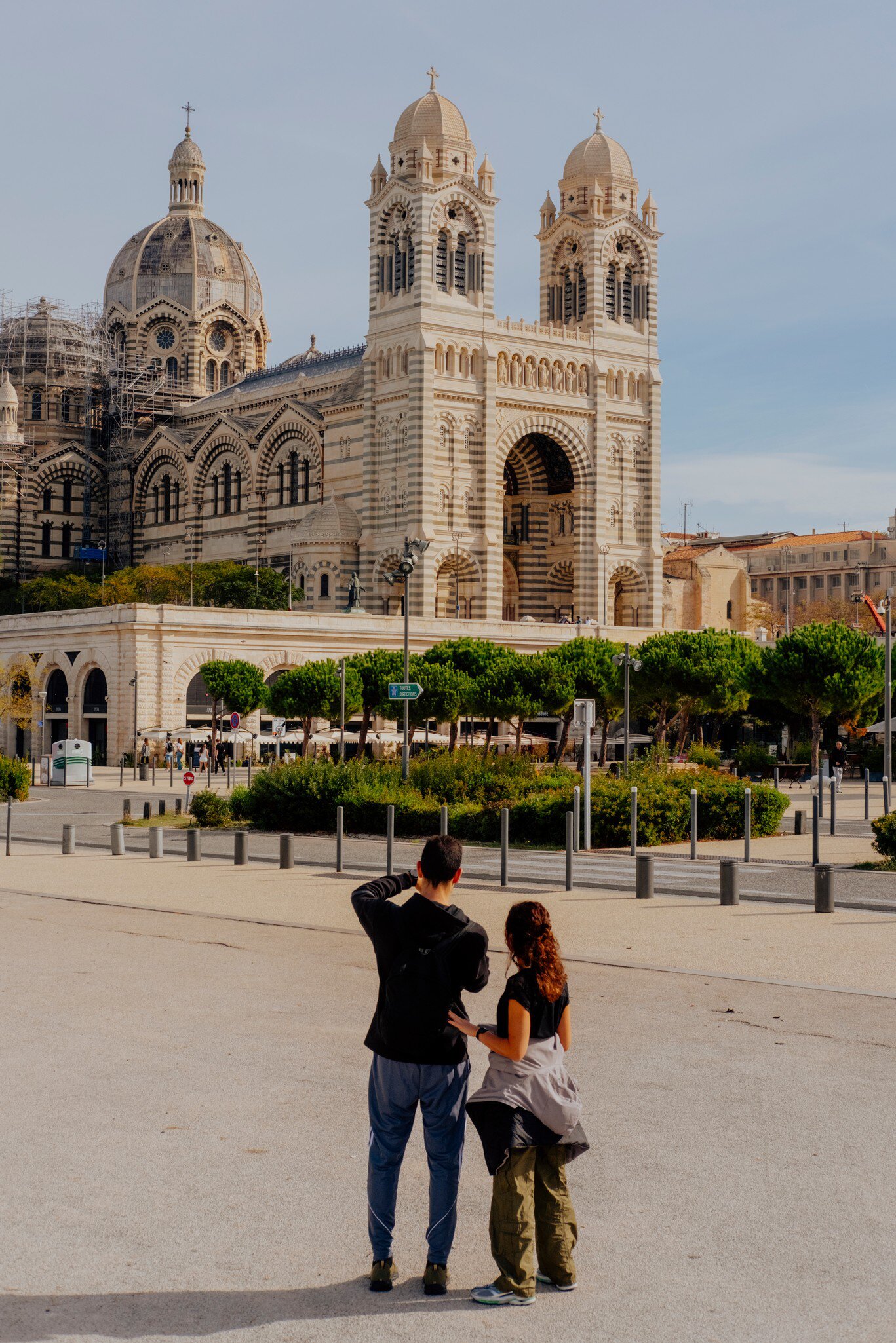 A couple looking towards the Marseille Cathedral in Marseille, France.