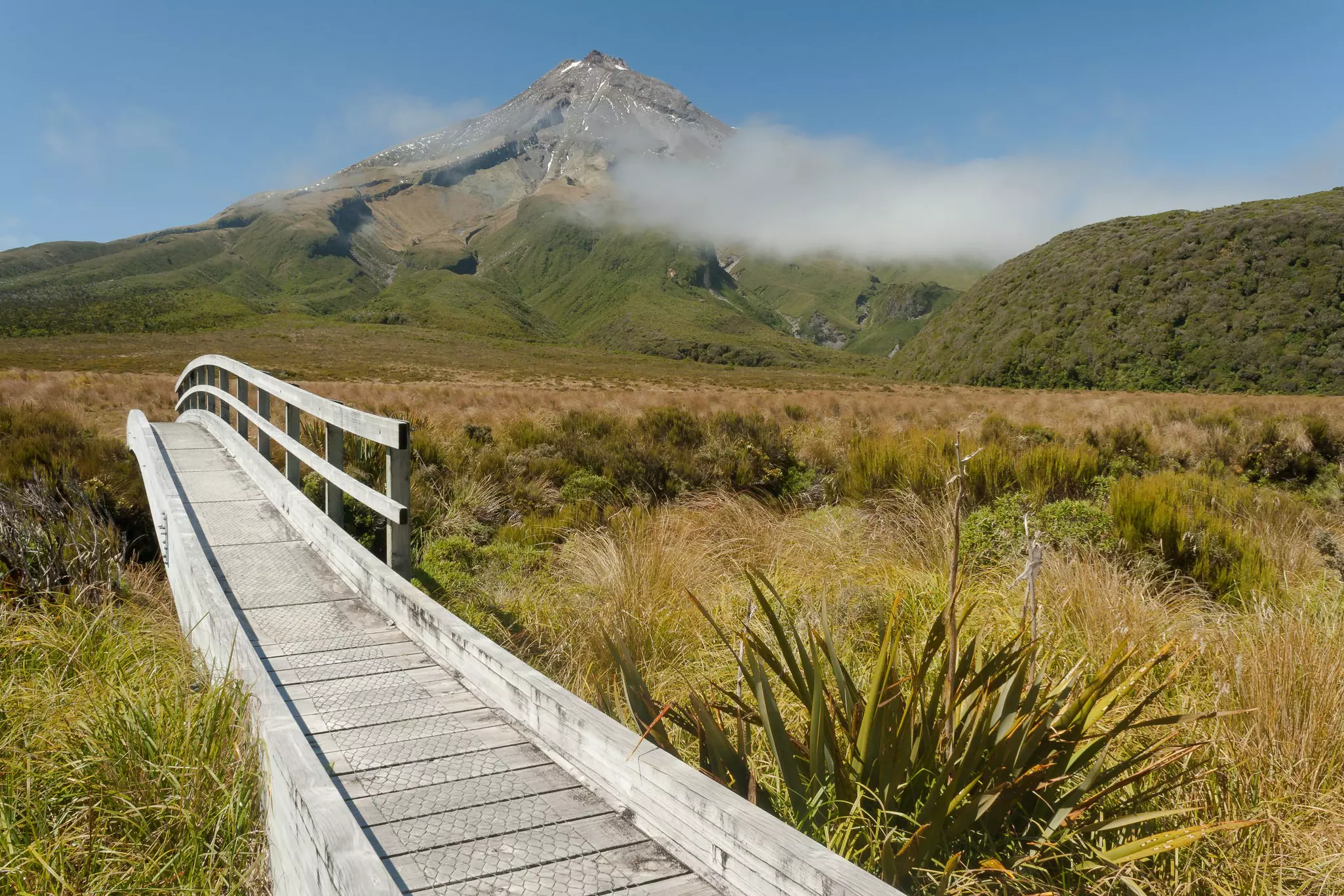 A wooden pathway over vegetation, with a cloud-covered mountain in the background.