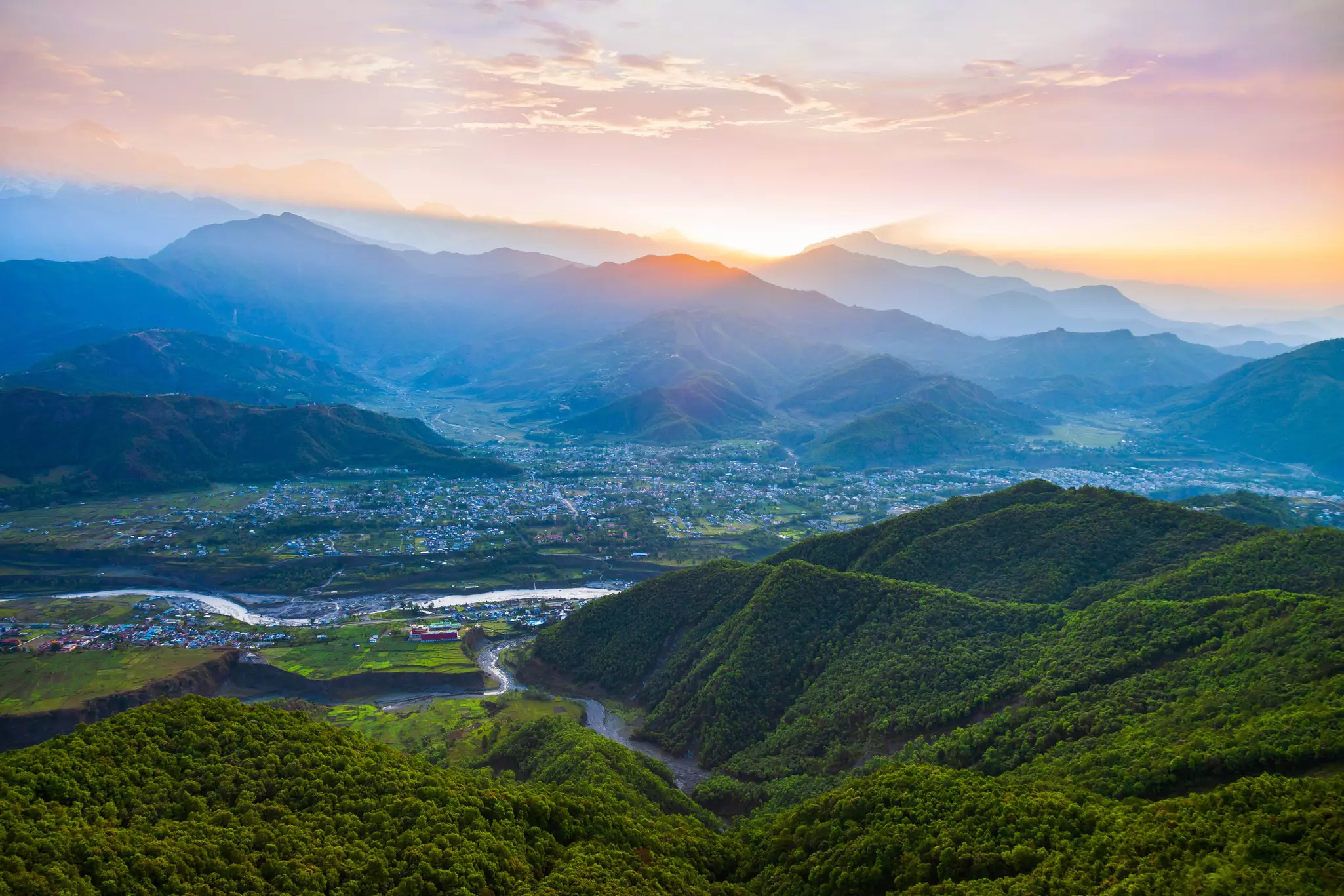 Sunrise over the Himalayan Hills from Sarangkot Hill in Pokhara City
