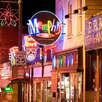 MEMPHIS, USA - NOVEMBER 25: Neon signs of famous blues clubs on historical Beale street on November 25, 2008. Beale street is a major tourist attraction and a place for blues festivals and concerts