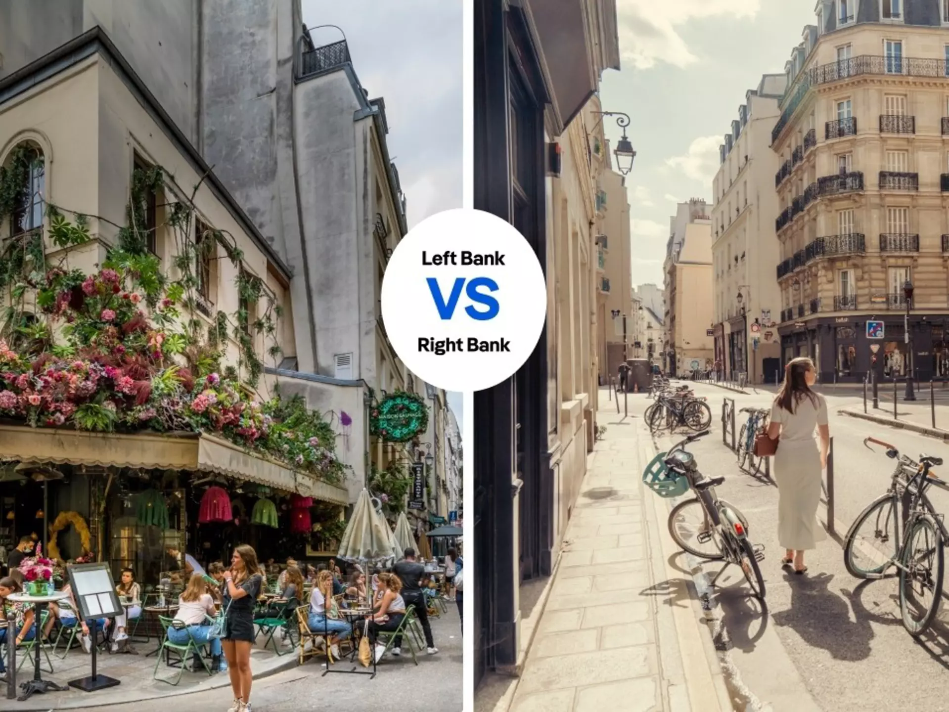 Left, St-Germain on Paris' Left Bank, Jerome Labouyrie/Shutterstock; Right, Le Marais district on the Right Bank, Amir Hamja for Lonely Planet