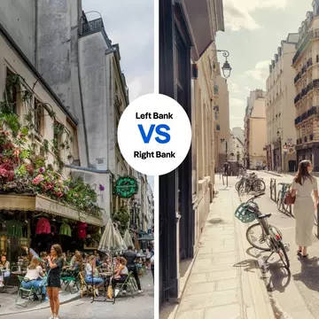 Left, St-Germain on Paris' Left Bank, Jerome Labouyrie/Shutterstock; Right, Le Marais district on the Right Bank, Amir Hamja for Lonely Planet