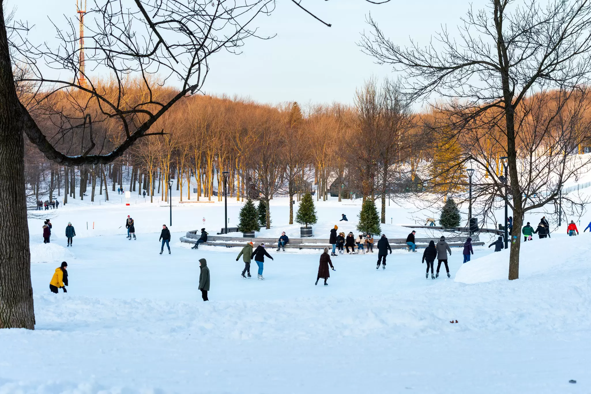 Montreal Quebec Canada January 22 2020: Skaters at Pavillon du Lac aux Castors on mount Royal park with trees in background, License Type: media, Download Time: 2025-12-09T18:04:51.000Z, User: lonelyplanetmedia, Editorial: true, purchase_order: 65020 - Marketing or Sales - this includes sponsored articles, job: Montreal , client: Montreal , other: Pia Peterson Haggarty