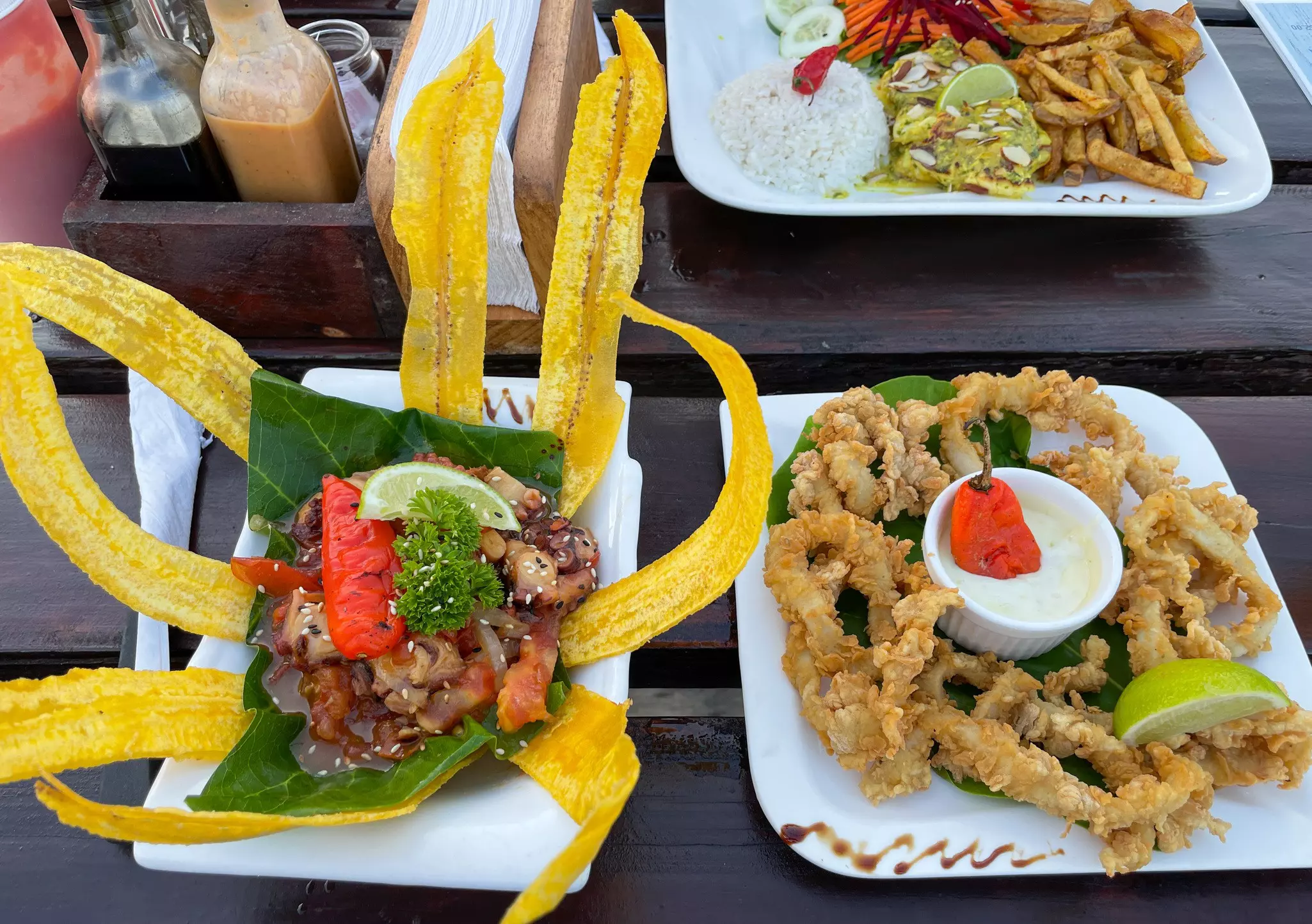 Fried octopus and calamari for sale at a food stand. 