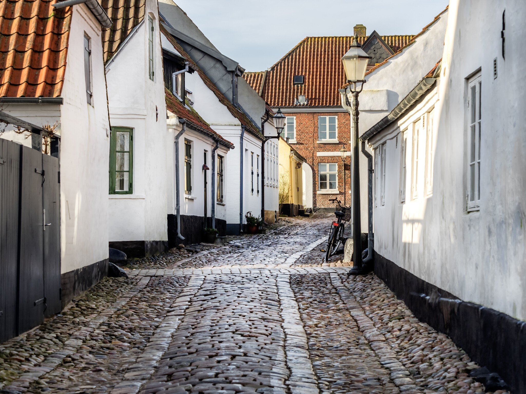 Homes on cobbled streets in Ribe in Denmark