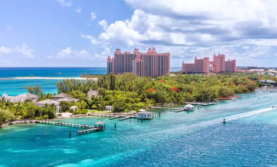 Paradise Island with the Atlantis Resort in the background and water all around
