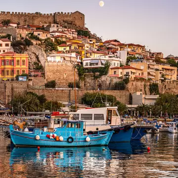 View of boats in the harbor of Panagia (old town) of Kavala, Greece.