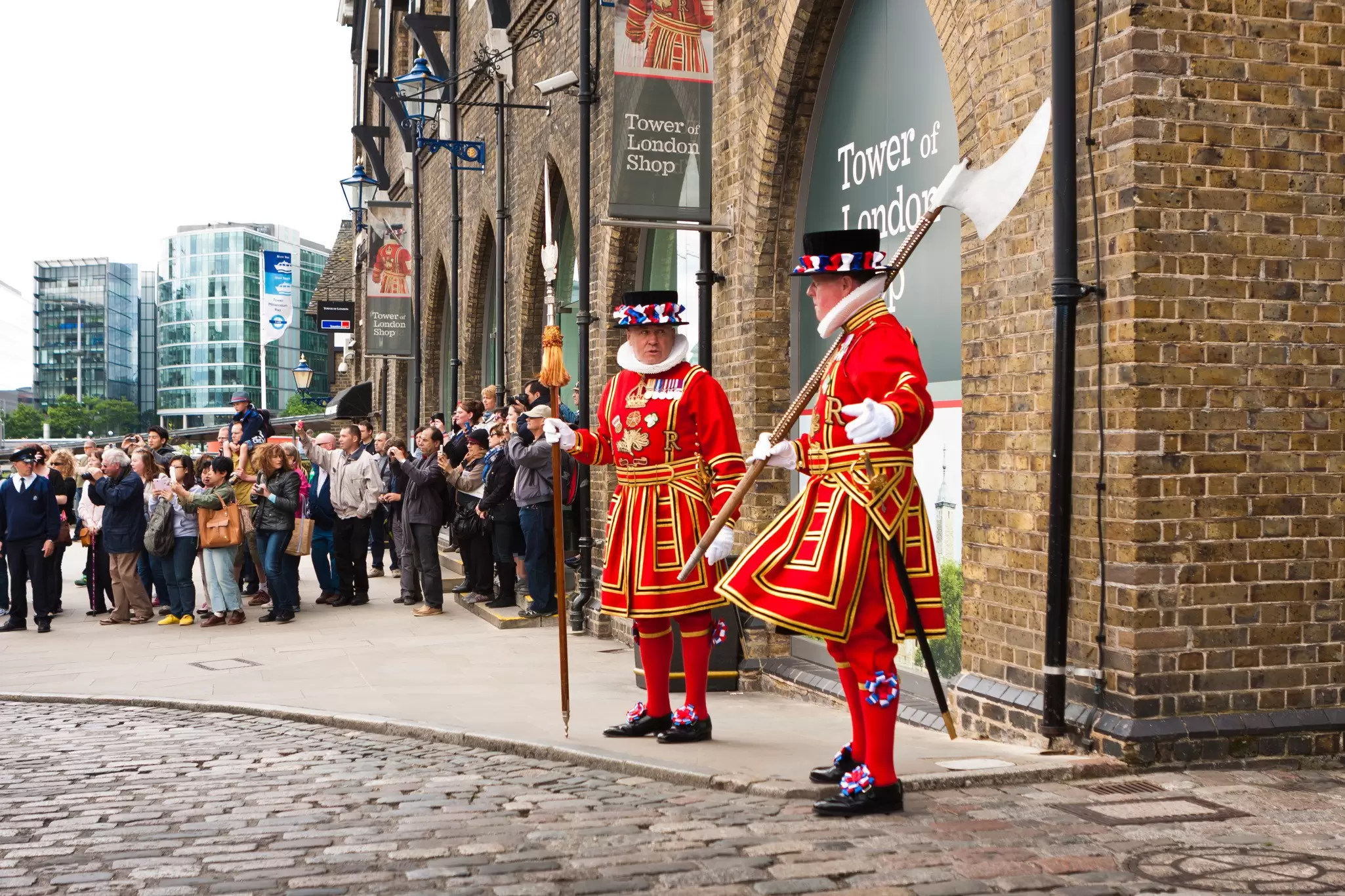Yeomen Warders in uniform outside the Tower of London, England