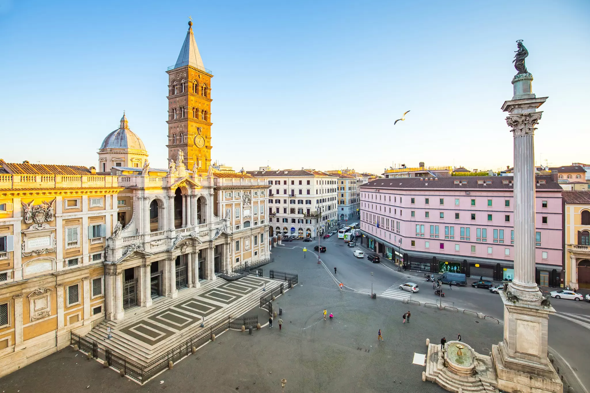 View of the Campanile and facade of the Basilica di Santa Maria Maggiore in Rome, Italy.