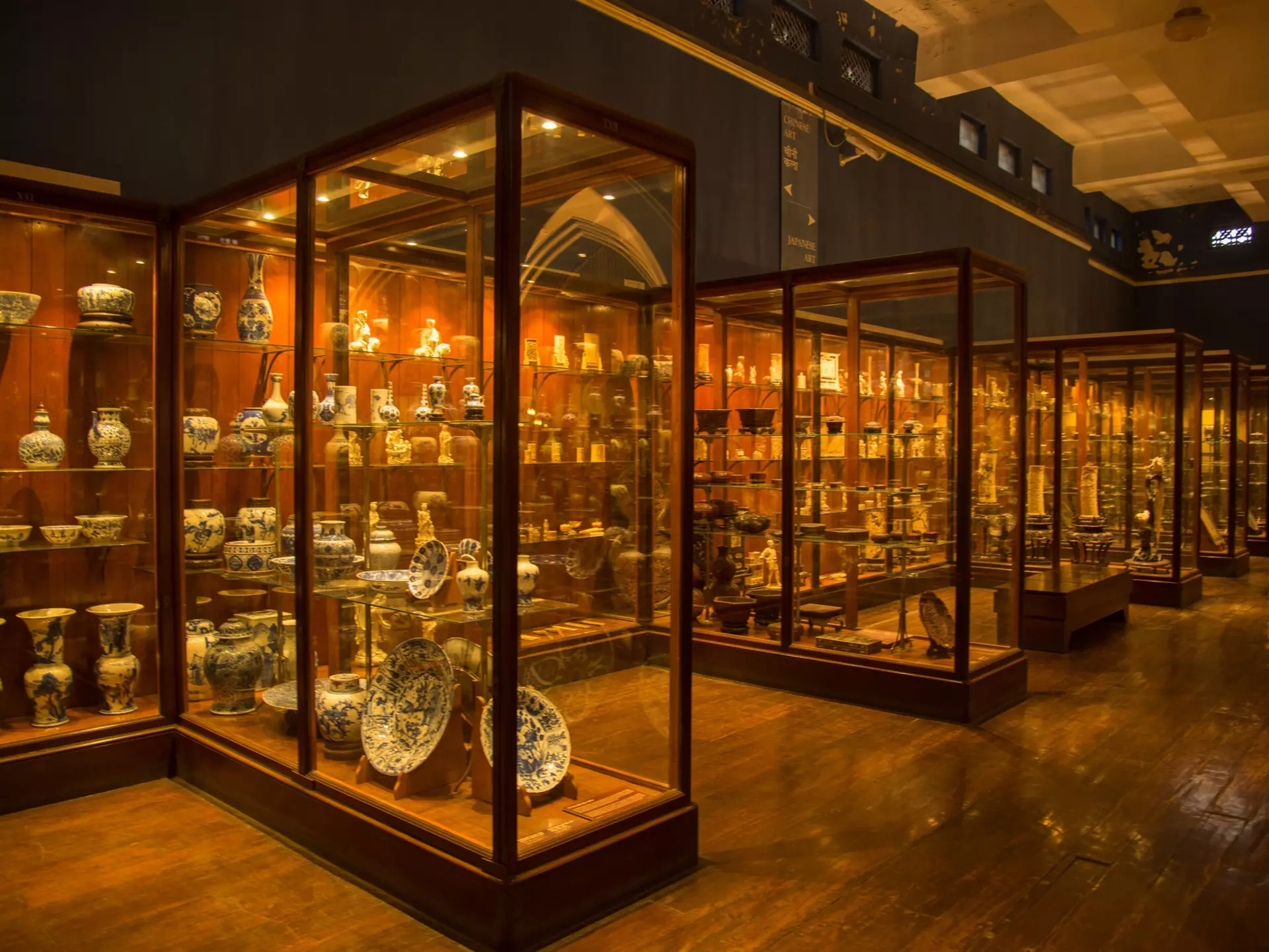 Ceramics on display inside the Chhatrapati Shivaji Maharaj Vastu Sangrahalaya museum in Mumbai.