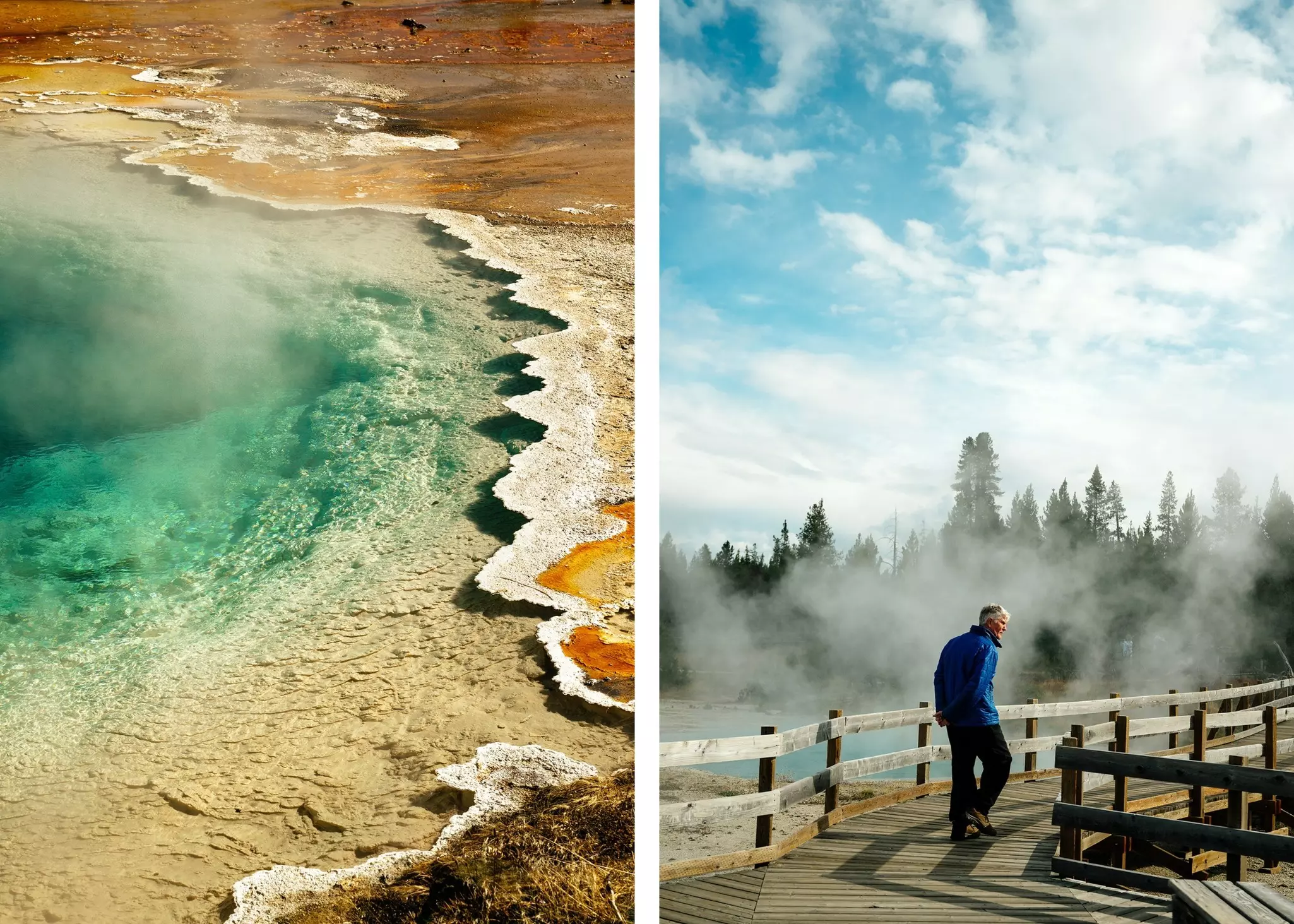 Two photos. At left, steam rising from a colorful crust of land. At right, a man walks on a boardwalk near a steam from a geyser
