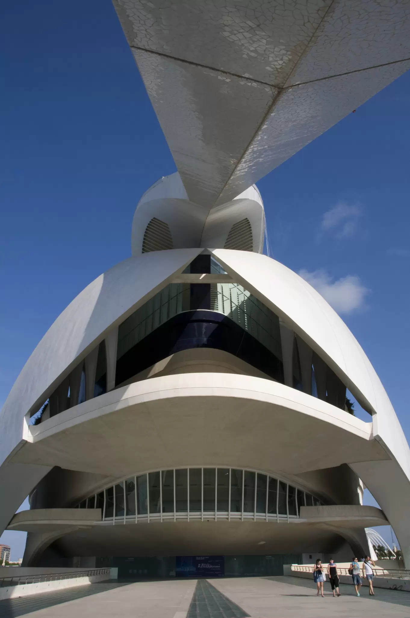 The exterior of the Palau de les Arts Reina Sofia in the Ciudad de las Artes y las Ciencias, a cultural and architectural complex in Valencia, Spain.