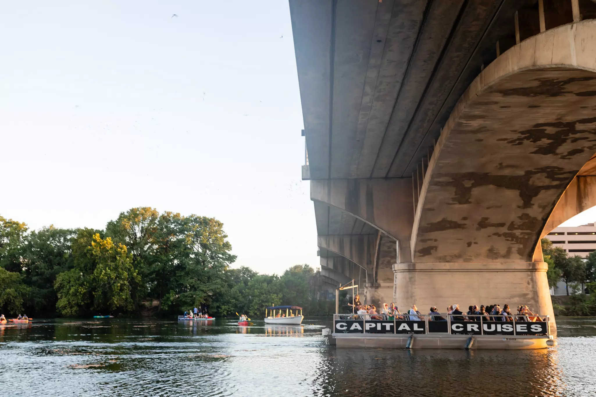 A boat with the words "Capital Cruises" on the side ferries passengers on a river under a bridge