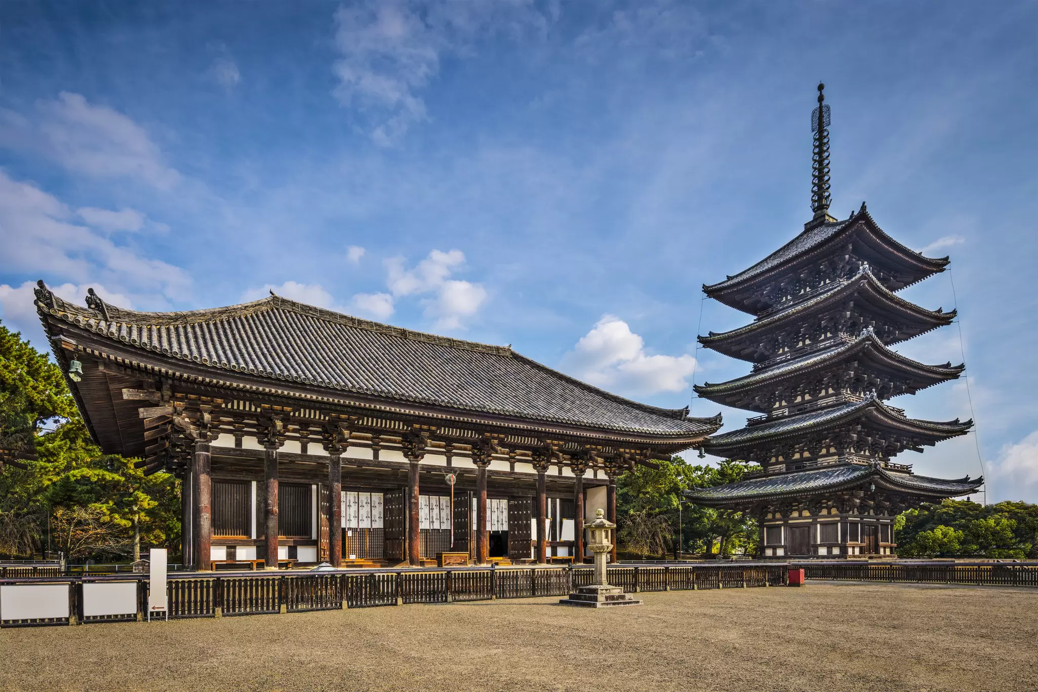 View of the Five-Storied Pagoda and other buildings at Kōfuku-ji in Nara, Japan. 
