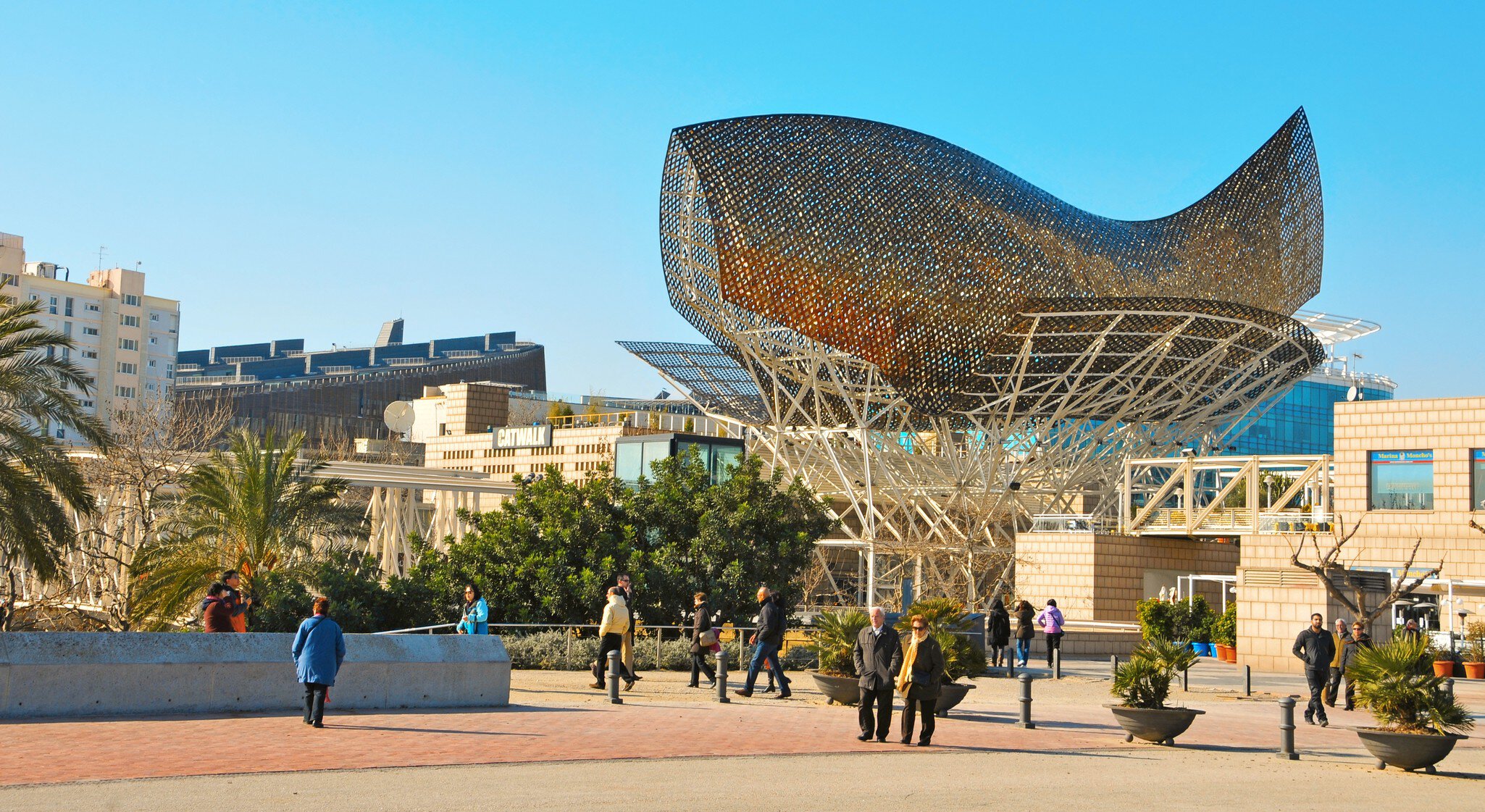 A sculpture of a huge fish, designed by famous Frank Ghery, 35 meters high and 54 meters long, in Barcelona.