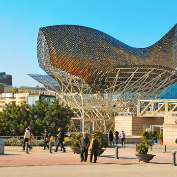 A sculpture of a huge fish, designed by famous Frank Ghery, 35 meters high and 54 meters long, in Barcelona.