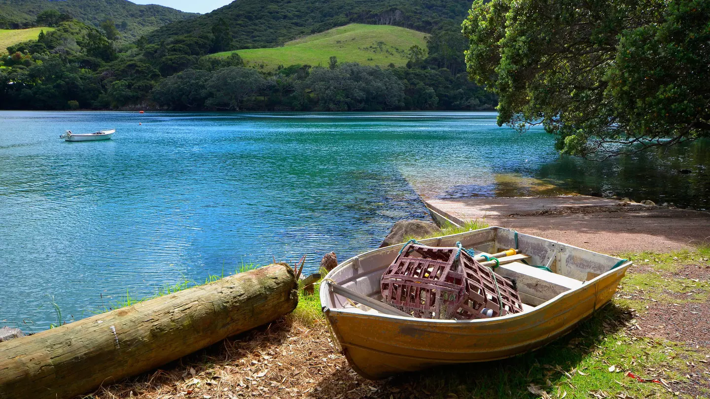 Rowing Boat at Port Fitzroy Wharf, Great Barrier Island, Hauraki Gulf, New Zealand. Image shot 03/2012. Exact date unknown.