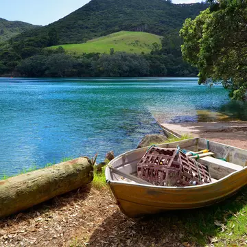 Rowing Boat at Port Fitzroy Wharf, Great Barrier Island, Hauraki Gulf, New Zealand. Image shot 03/2012. Exact date unknown.