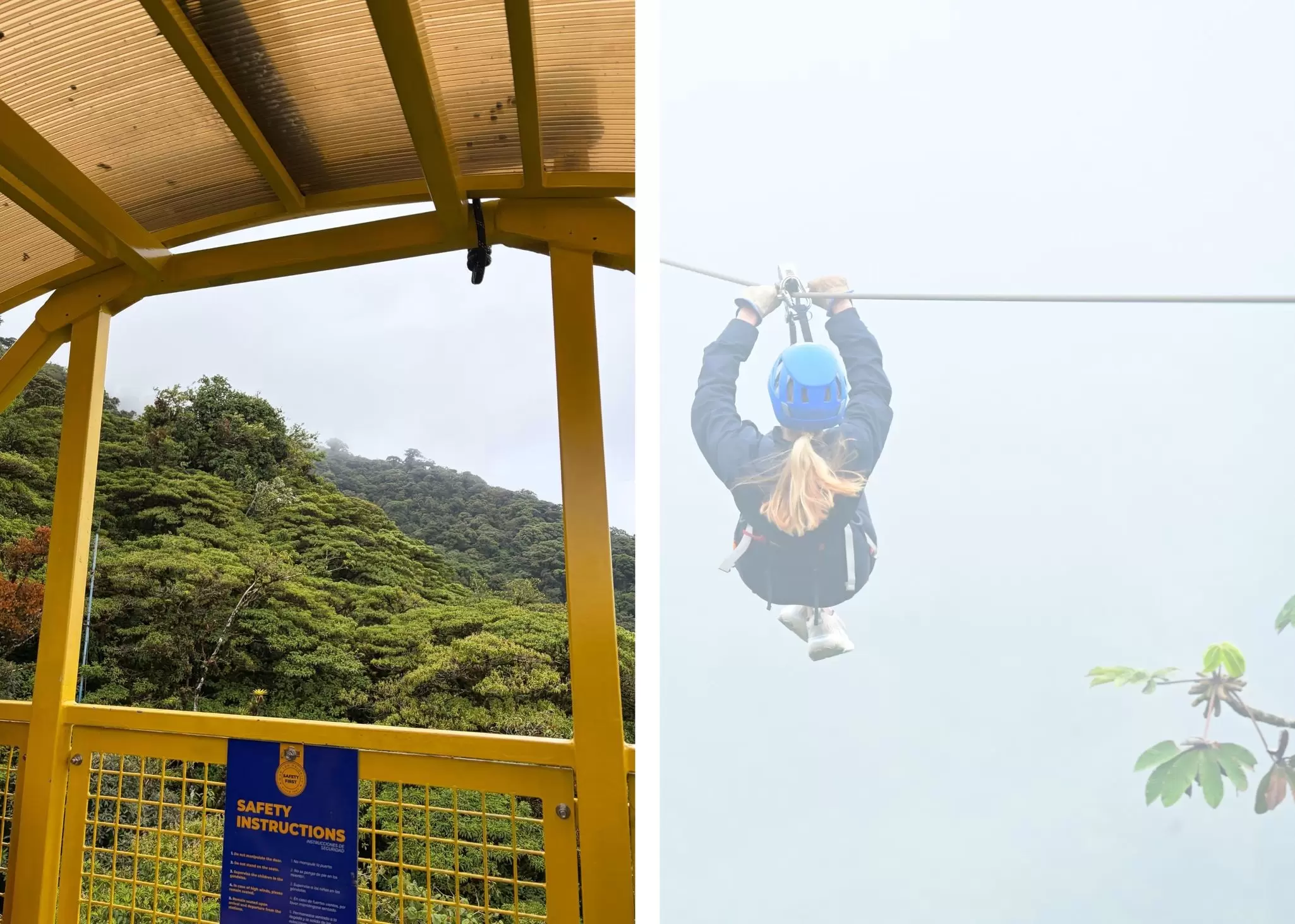 a woman ziplining through the cloud forest in costa rica wearing a blue helmet