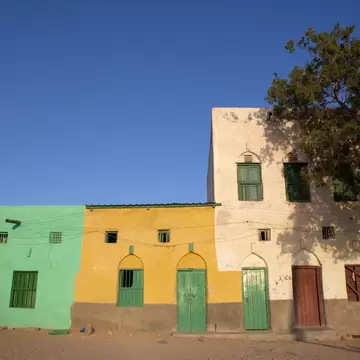 Row of mint-green, yellow and whitewashed houses with green shutters and arched doorways on a sandy street, a tree at right