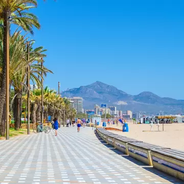 Wide tiled seafront promenade lined with palm trees beside a sandy beach, with high-rises and mountains in the distance.