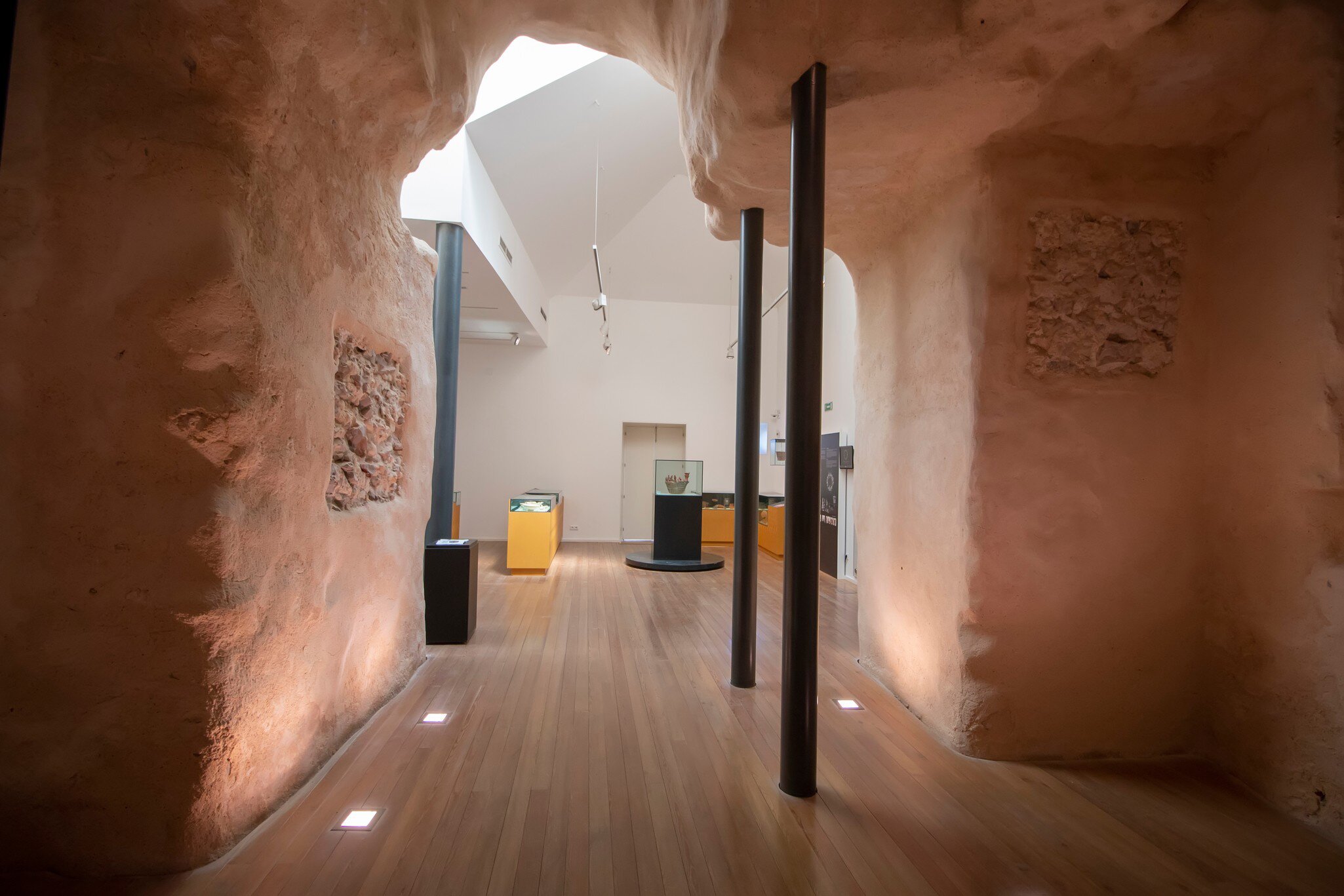 View down a hallway at the Núcleo Museológico Islâmico in Tavira, Portugal.