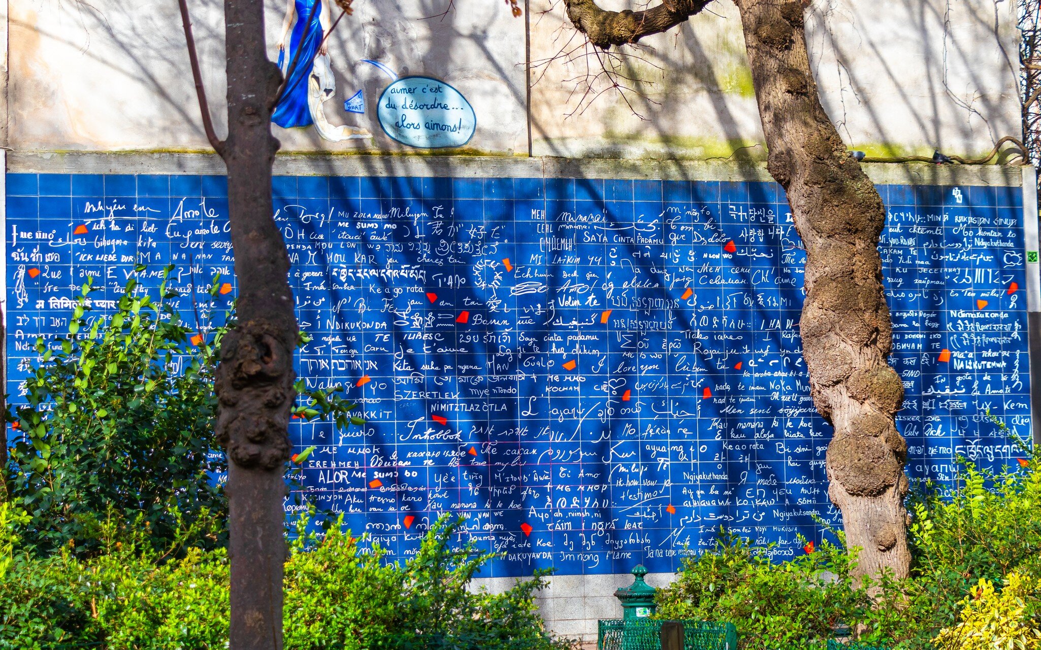 Paris, France - March 10, 2019: Photo of "wall of love" taken in Paris city, located in the heart of city.