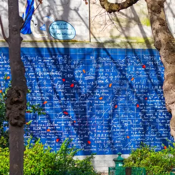 Paris, France - March 10, 2019: Photo of "wall of love" taken in Paris city, located in the heart of city.