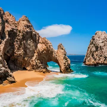 View of the Cabo San Lucas Arch, an iconic rock formation at the southern tip of Cabo San Lucas in Mexico.