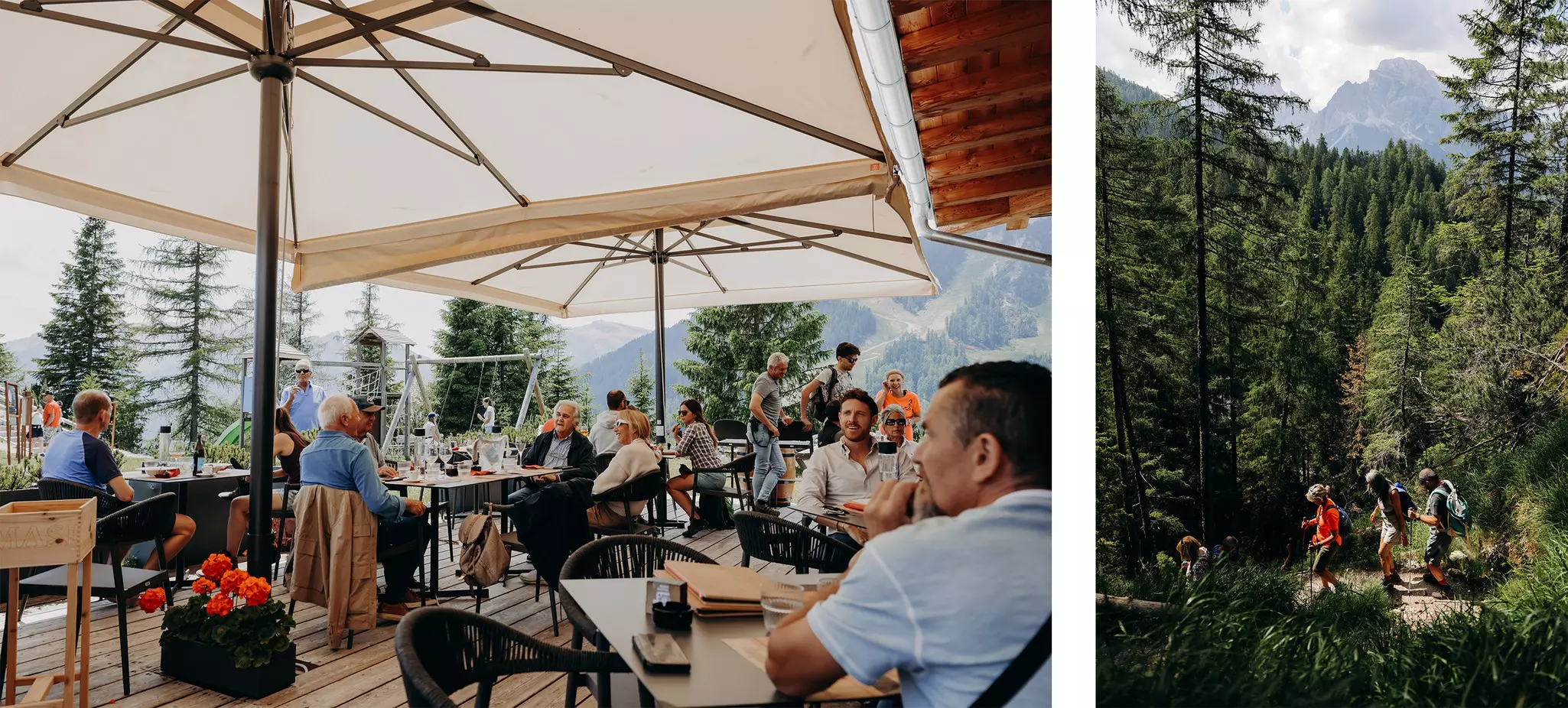 Masi Wine Bar at Col Druscié, one of three stops on the Freccia nel Cielo (Arrow in the Sky) lift. Hiking along the trail to the Malga Federa mountain cabin.