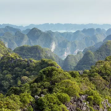 View of the Lan Ha marine bay landscape in Vietnam, as seen from Cat Ba island.