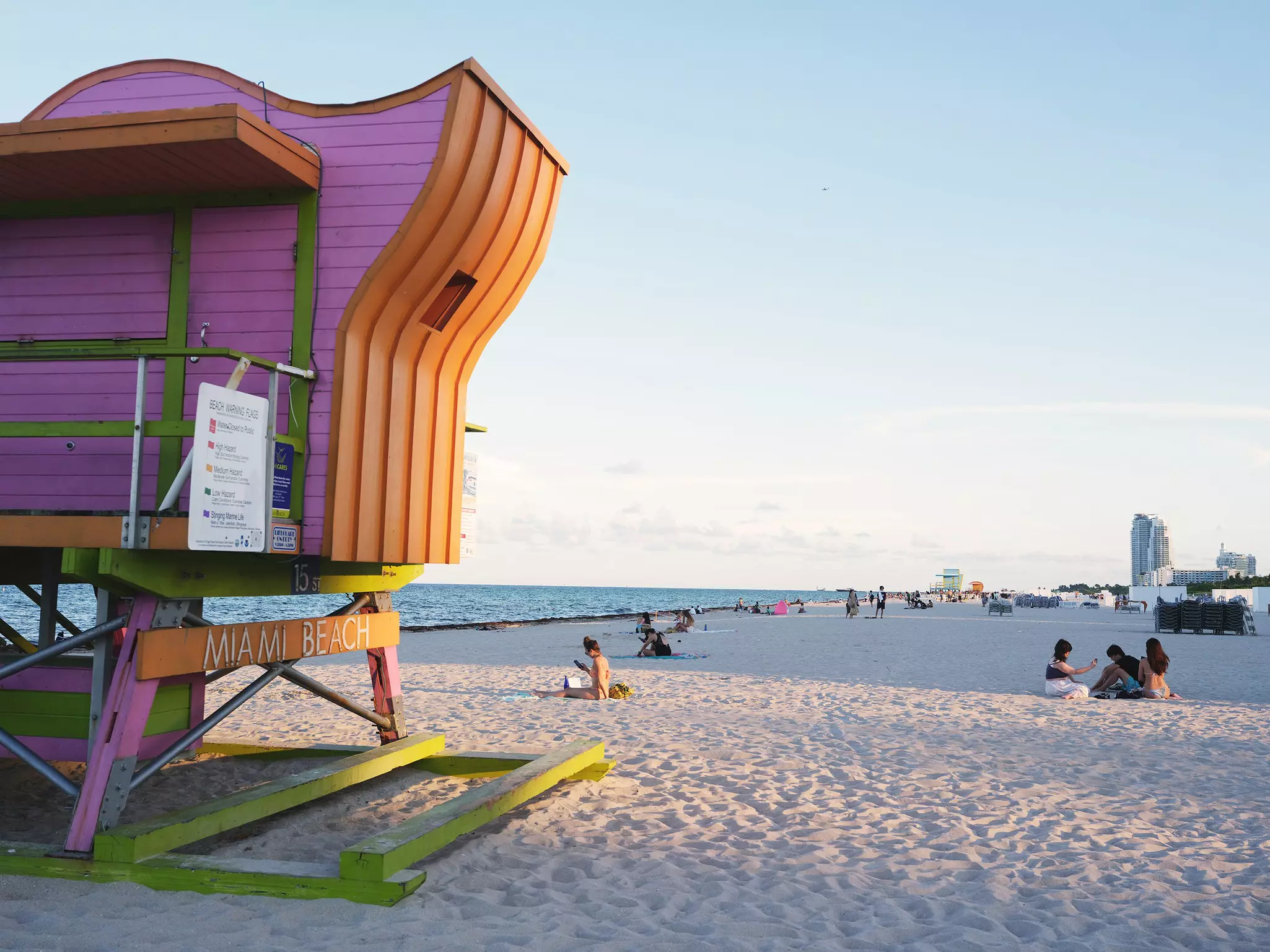 South Beach in the evening, colorful lifeguard tower