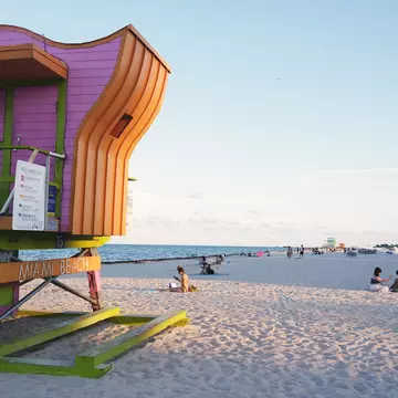 South Beach in the evening, colorful lifeguard tower