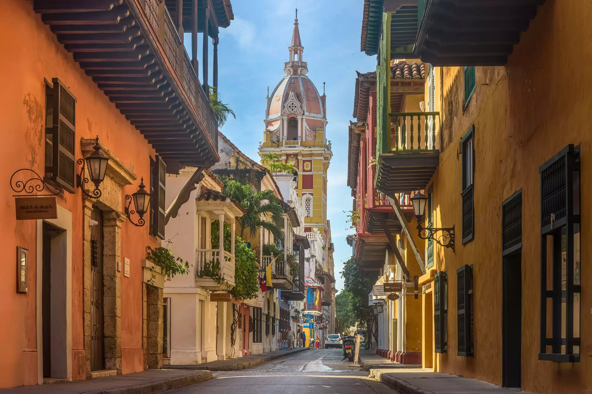 The colonial urbanscape of the walled city against The Cathedral 'Santa Catalina de Alejandría' of Cartagena, Colombia. 
