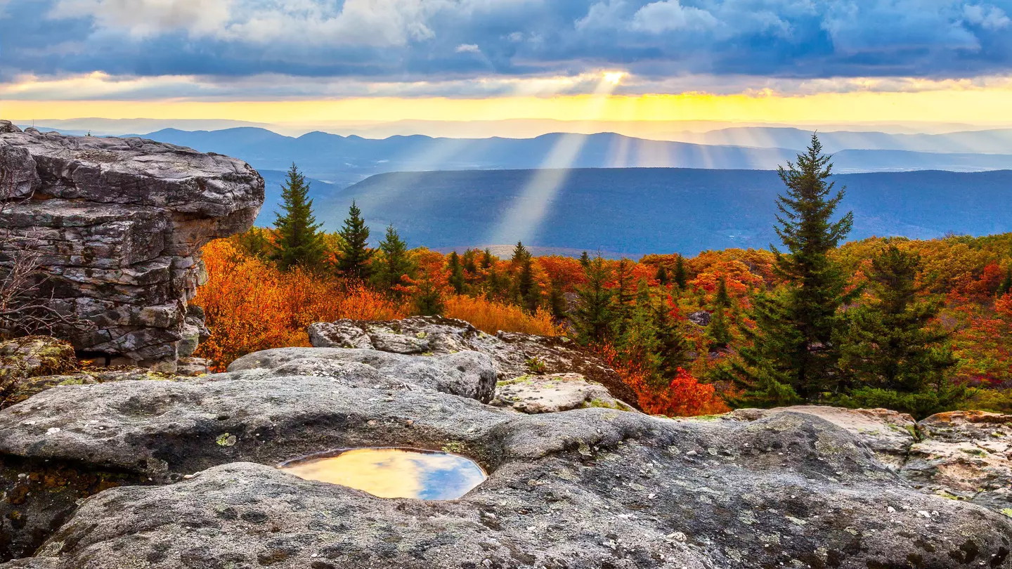 Sunrise from Dolly Sods Wilderness area in West Virginia with sunbeams coming through dark clouds.