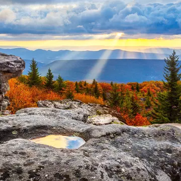 Sunrise from Dolly Sods Wilderness area in West Virginia with sunbeams coming through dark clouds.