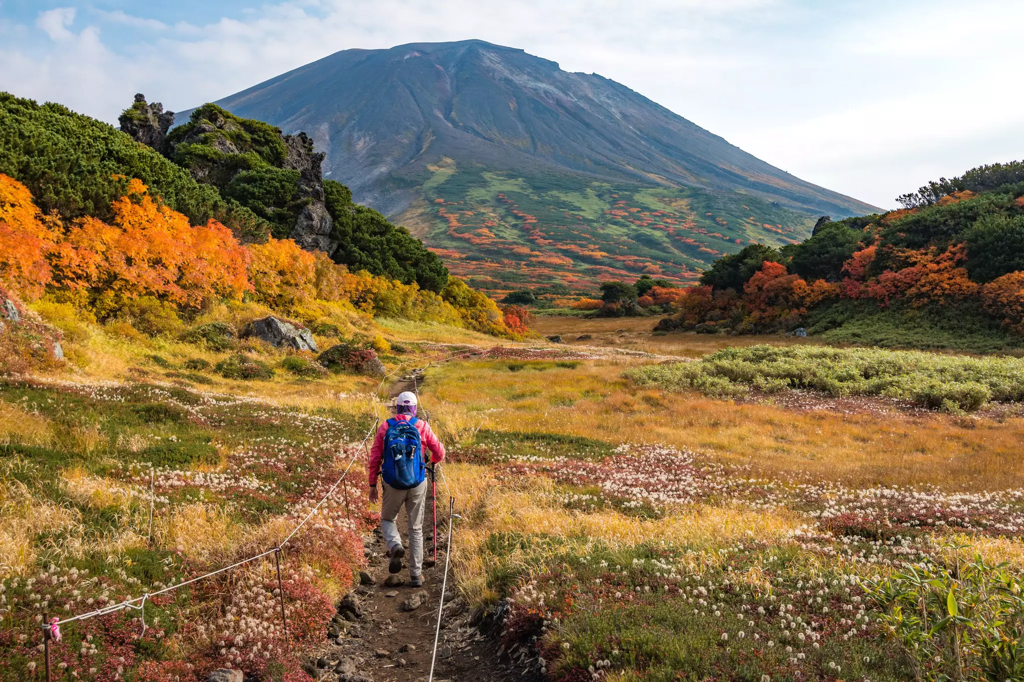 Woman walking among autumn colours on a hiking trail toward Asahidake in Daisetsuzan.