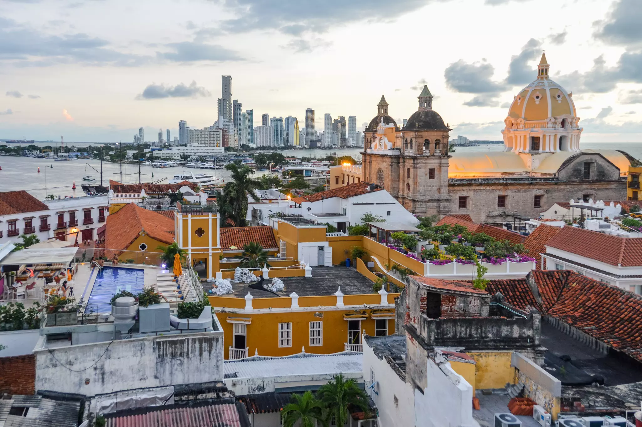 Sunset over the rooftops of the old town in Cartagena