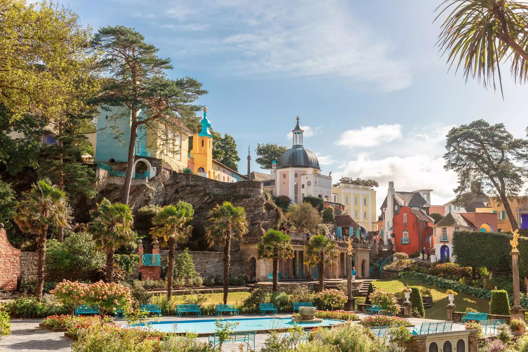 Popular tourist resort of Portmeirion with it's Italian village style architecture in Gwynedd, North Wales.