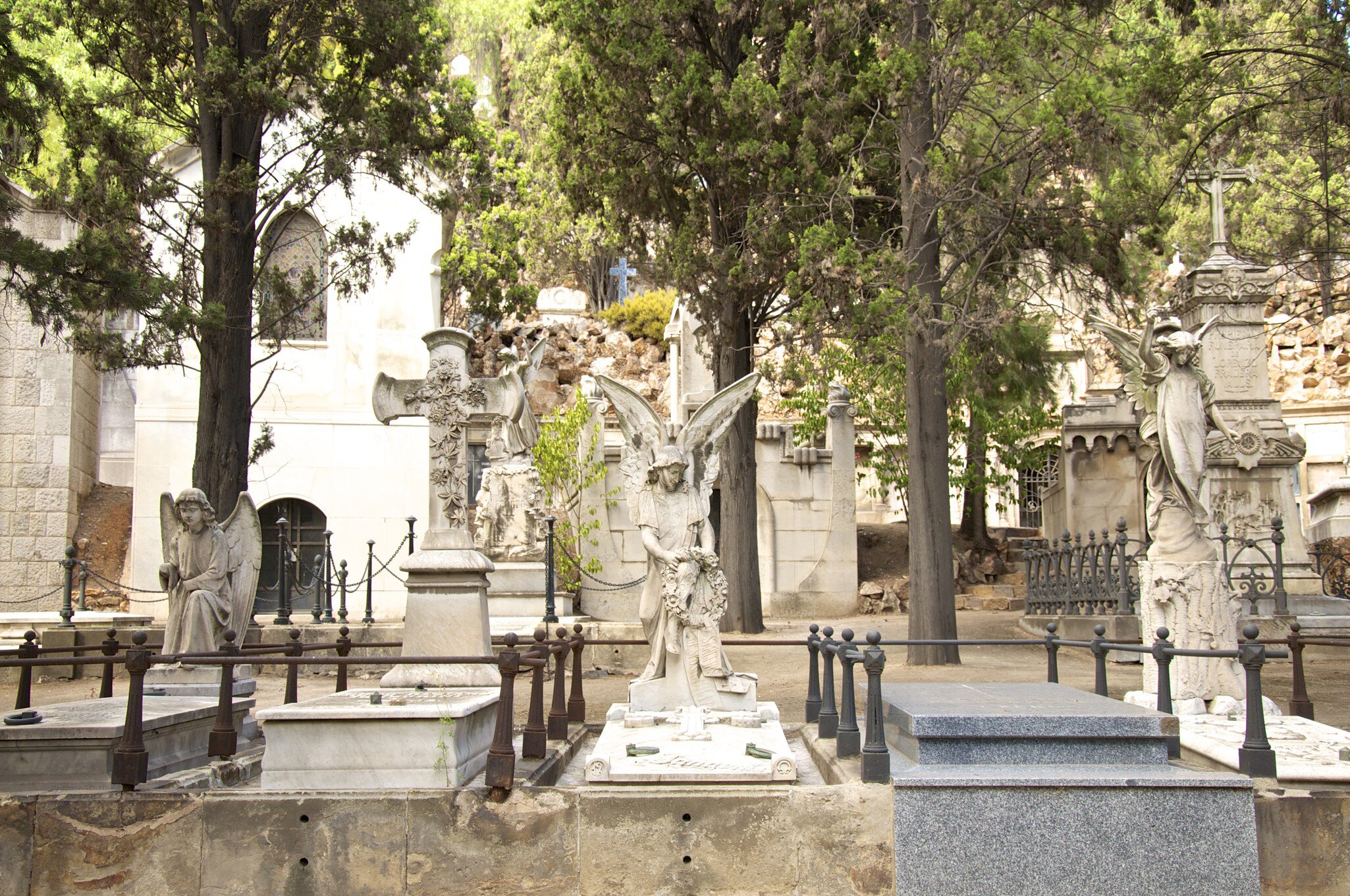 Graves in the Montjuïc Cemetery, located on one of the rocky slopes of Montjuïc hill in Barcelona, Spain.