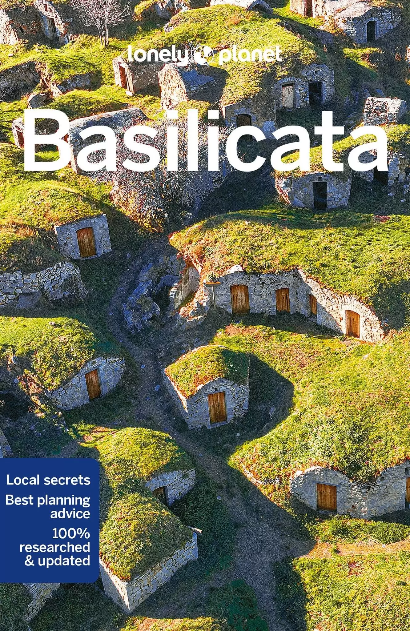 Lonely Planet Basilicata guidebook cover, title over an aerial photo of grass-topped stone cave dwellings on a hillside