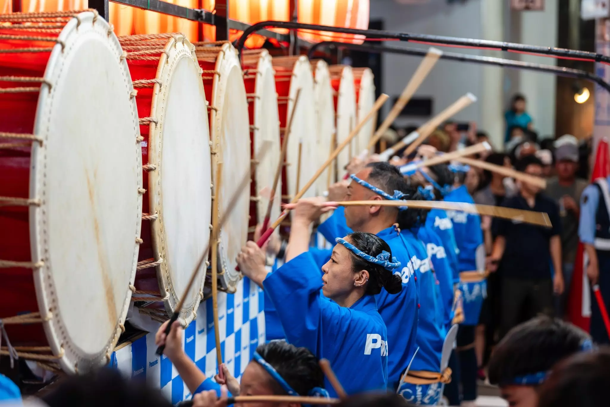 Nebuta Bayashi musicians play traditional instruments during the Aomori Nebuta Festival parade