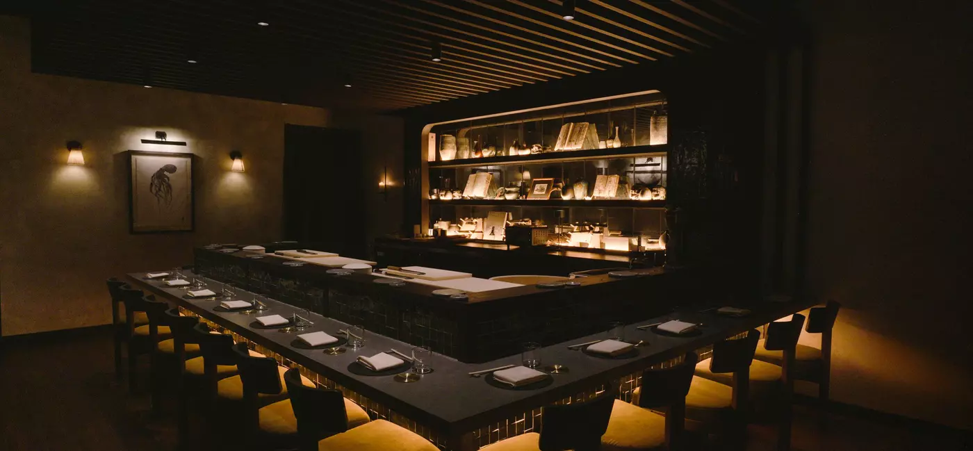 Interior of Noko - seats around a dimly lit bar