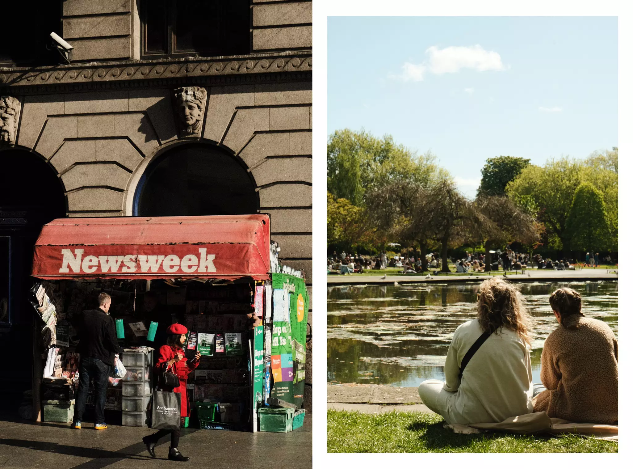 Left image: A woman in red walks past a newsstand under a red awning that says newsweek; right image: Two women sitting at the edge of a pond in a public park.
