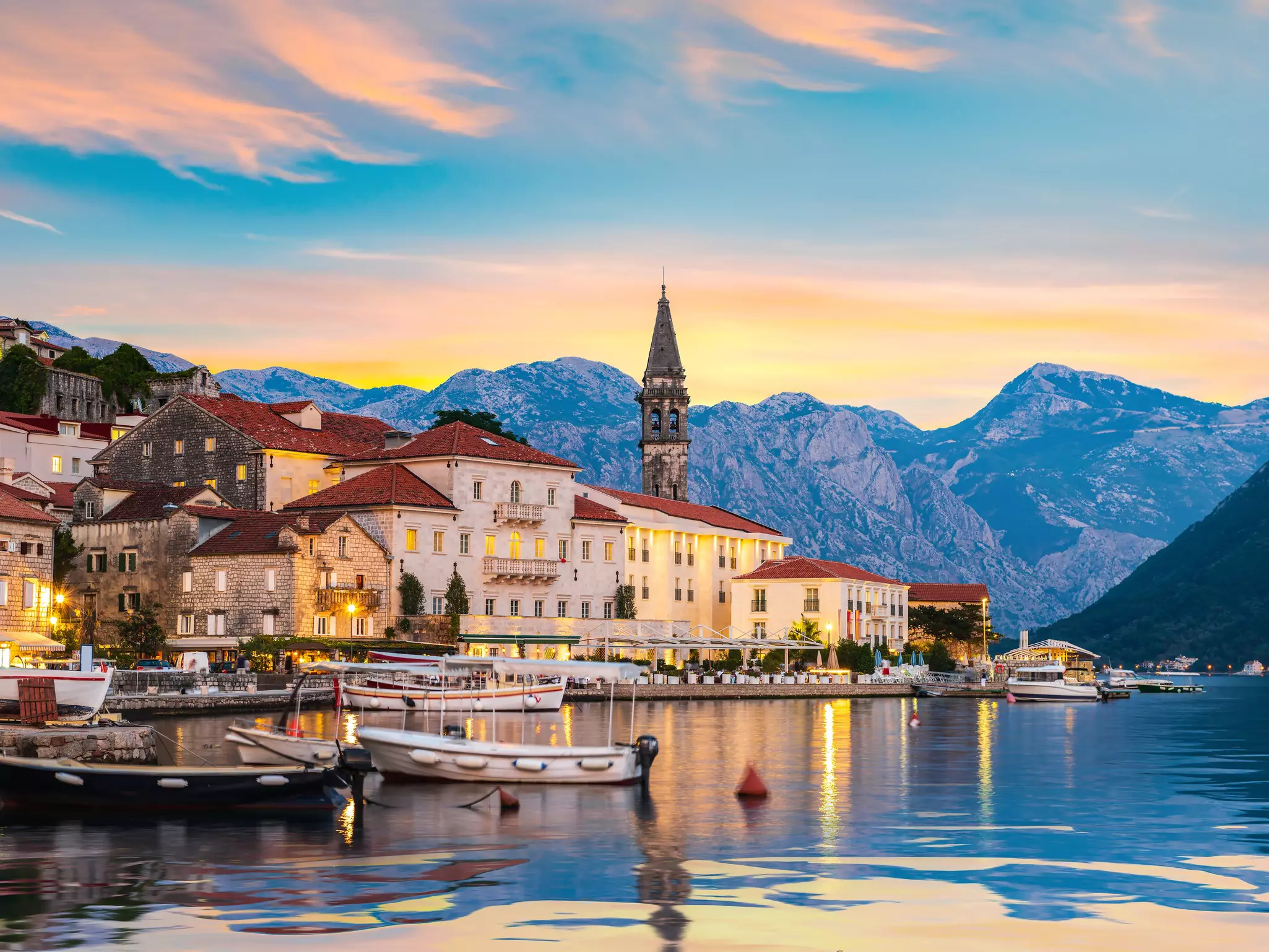 Historic city of Perast in the Bay of Kotor in summer at sunset, Montenegro.