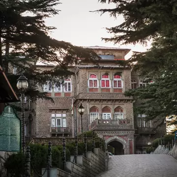 Exterior of Gorton Castle, formerly the government secretariat, on The Ridge, Shimla, Himachal Pradesh, India.